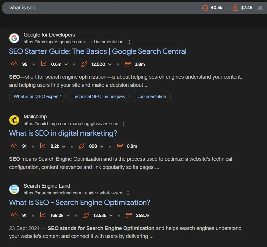 Top ranking pages for 'what is SEO'